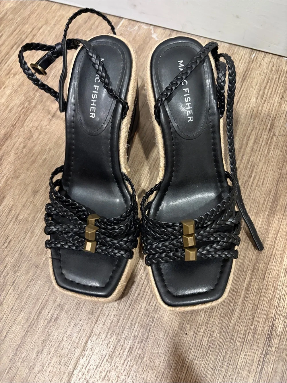 Marc Fisher Black Braided Espadrille Wedge Sandals with Gold Accents